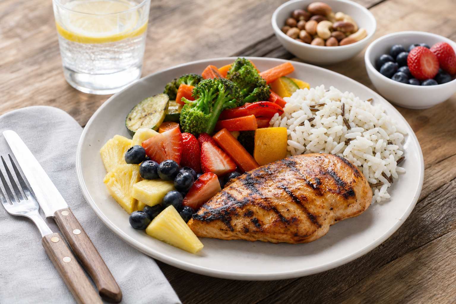 Plato con alimentos saludables para recuperación deportiva