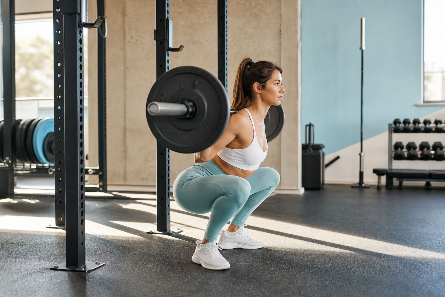 Persona entrenando en gimnasio con enfoque en piernas